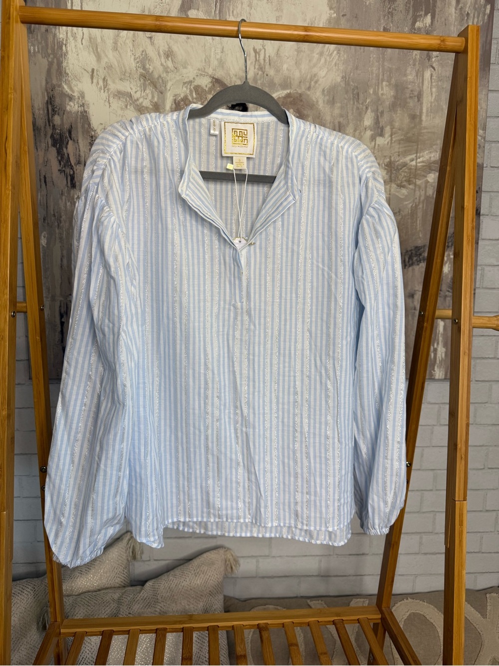 Emily McCarthy Loli Top blue and metallic silver pinstriped